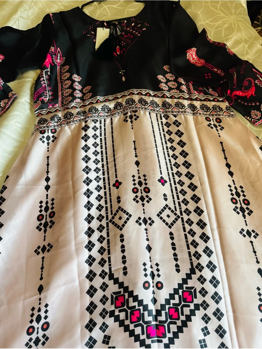Charmeuse Black & Cream Maxi Dress with Pink Accents.
